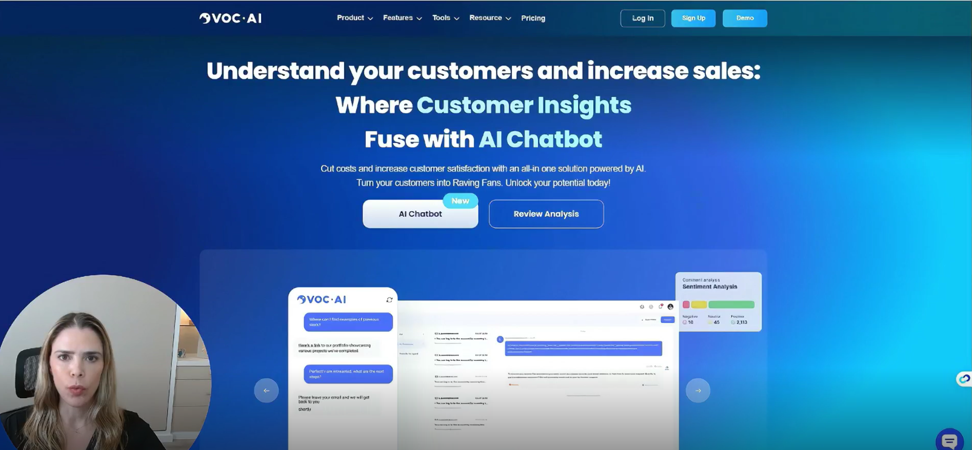 Tela da plataforma VOC.AI com Patrícia Minatti explicando como usar inteligência artificial para analisar reviews e extrair insights de clientes, focando em aumento de vendas e satisfação na Amazon.